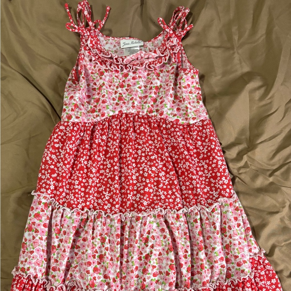 Girl’s Floral Red and White Tiered Dress